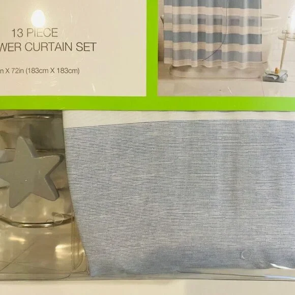 Charter Club Kids blue striped Shower Curtain W/Star shaped Hooks, 13 piece set - Picture 11 of 12